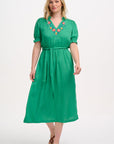 Carlota Midi Dress in Green, Folk Floral Embroidery