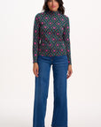 Annika Turtleneck Jersey Top in Green Multi Flower Explosion