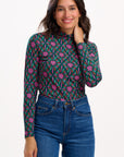Annika Turtleneck Jersey Top in Green Multi Flower Explosion