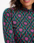 Annika Turtleneck Jersey Top in Green Multi Flower Explosion