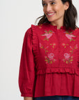 Wilhelmina Frill Blouse in Scarlet Red with Hummingbird Motif