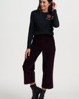 Brunswick Jersey Top in Black with Rose Cross Stitch Motif