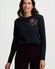 Brunswick Jersey Top in Black with Rose Cross Stitch Motif