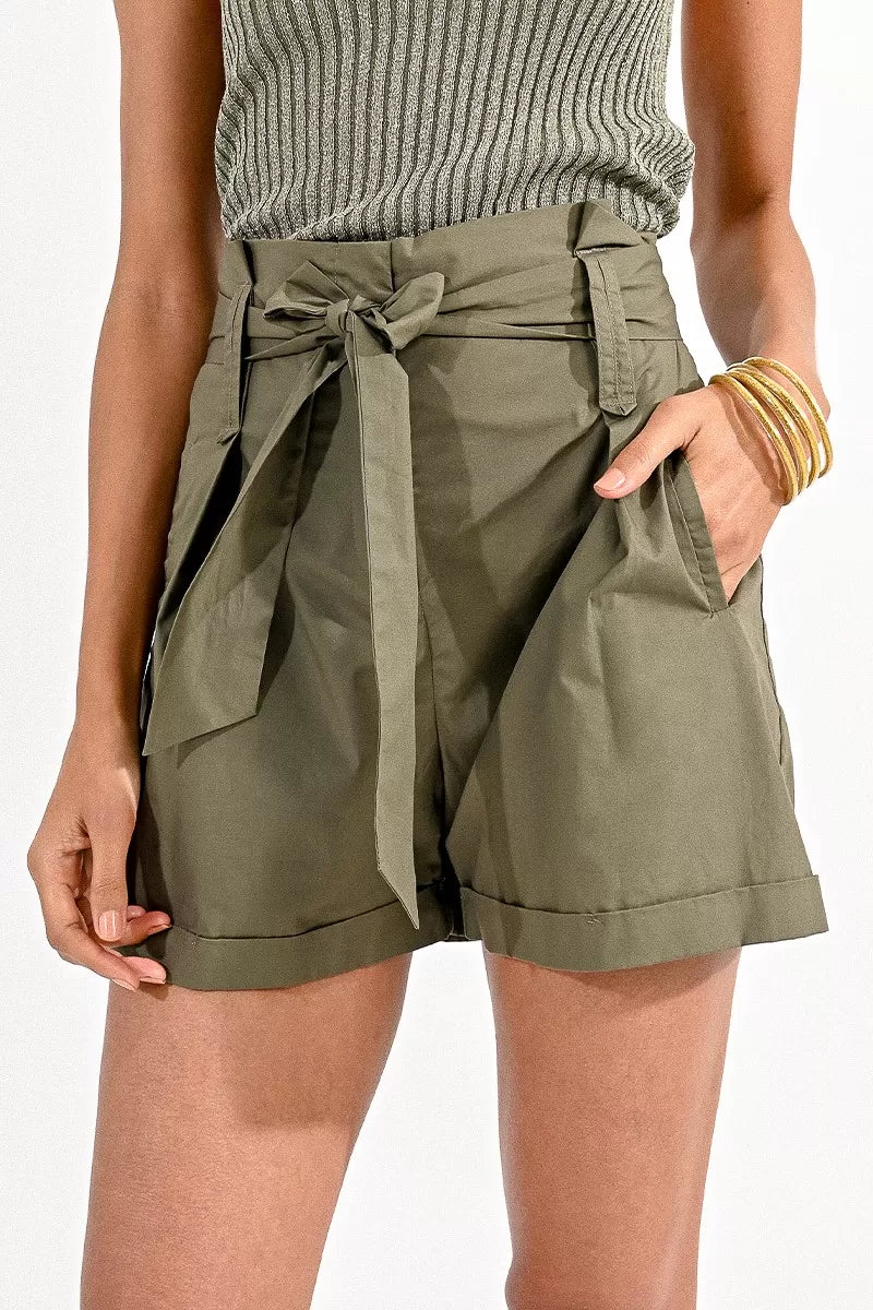 High Waisted Cotton Shorts in Khaki Olive and Crew