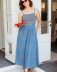Murren Shirred Midi Dress in Washed Blue Denim