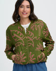 Bobbi Bomber Jacket in Khaki Tropical Line Drawing