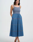 Murren Shirred Midi Dress in Washed Blue Denim