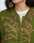 Bobbi Bomber Jacket in Khaki Tropical Line Drawing