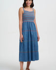 Murren Shirred Midi Dress in Washed Blue Denim