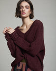 V Neck Sweater with Buckle Cuff in Burgundy