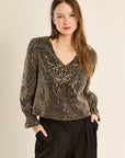 Rhinestone V Neck Blouse
