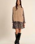 Knitted Turtleneck Sleeveless Sweater in Beige