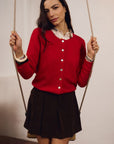 Round Neck Knit Cardigan in Red