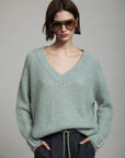 V Neck Sweater with Buckle Cuff in Sage Green