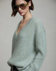V Neck Sweater with Buckle Cuff in Sage Green
