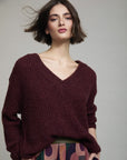 V Neck Sweater with Buckle Cuff in Burgundy