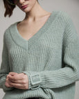 V Neck Sweater with Buckle Cuff in Sage Green