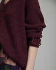 V Neck Sweater with Buckle Cuff in Burgundy