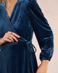 Velvet Wrap Dress in Denim Blue