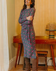 Claudia Jersey Tie Midi Dress in Green/Multi, Flower Explosion