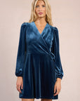Velvet Wrap Dress in Denim Blue