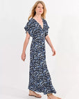 Long V Neck Dress in Blue Flo Pattern