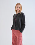 Grey Cardigan with Pink Buttons