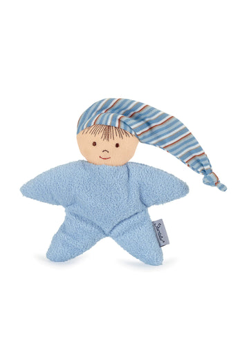 Cuddly fleece doll with a blue pointed cap in Blue