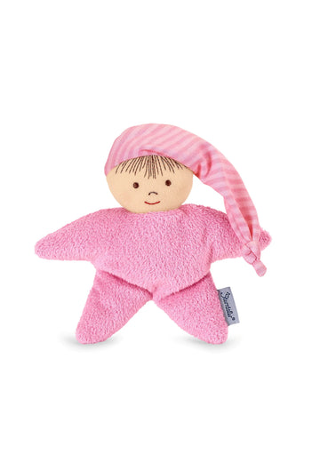 Cuddly fleece doll with a blue pointed cap in Pink