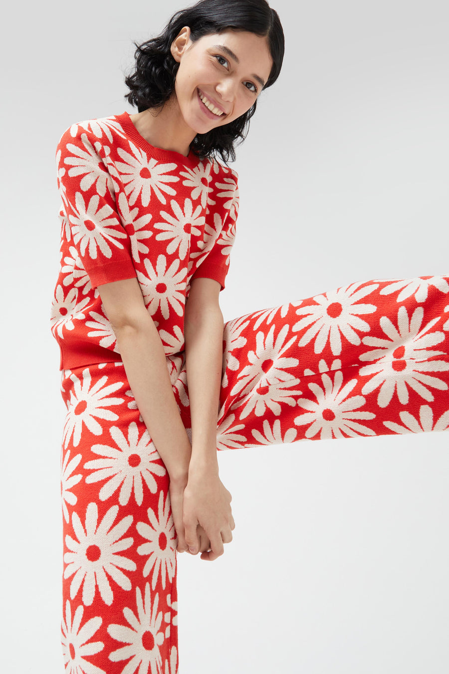 Floral Jacquard Top in Red and White