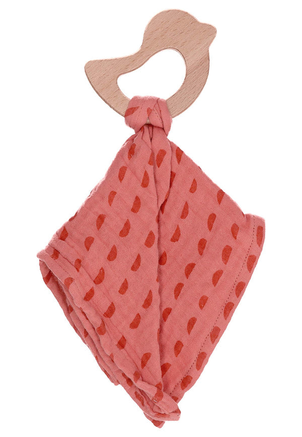 Cotton Cuddle Cloth with Bird Teething Ring Coral