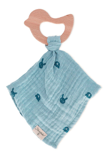 Cotton Cuddle Cloth with Bird Teething Ring in Blue
