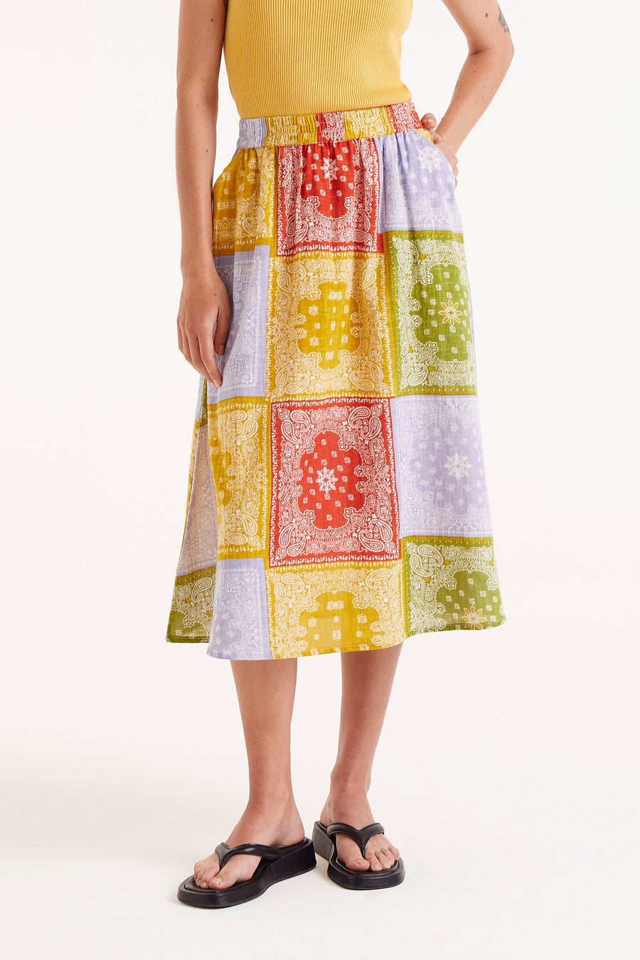 Midi Skirt with Multi Coloured Patch Work Pattern