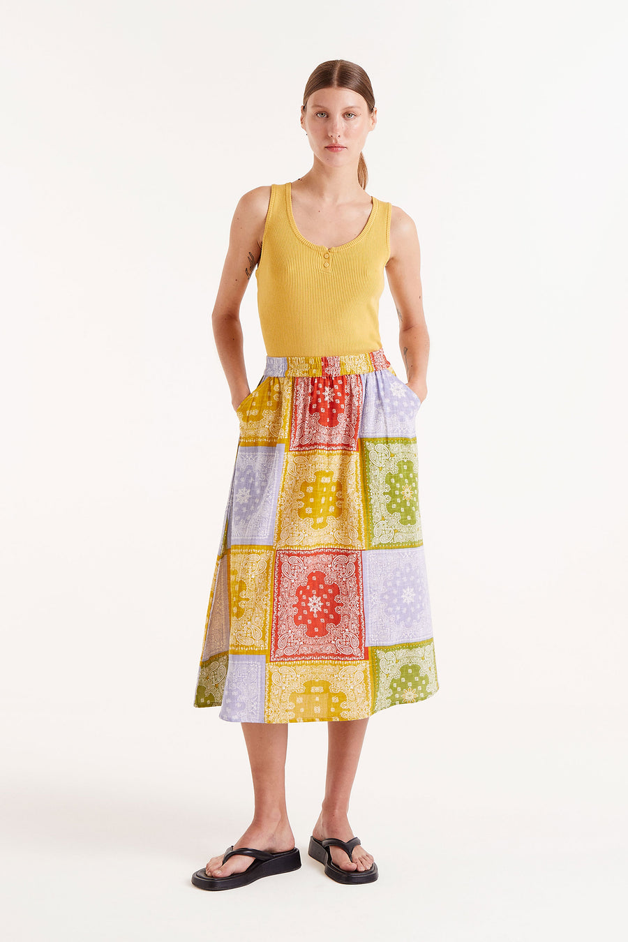 Midi Skirt with Multi Coloured Patch Work Pattern