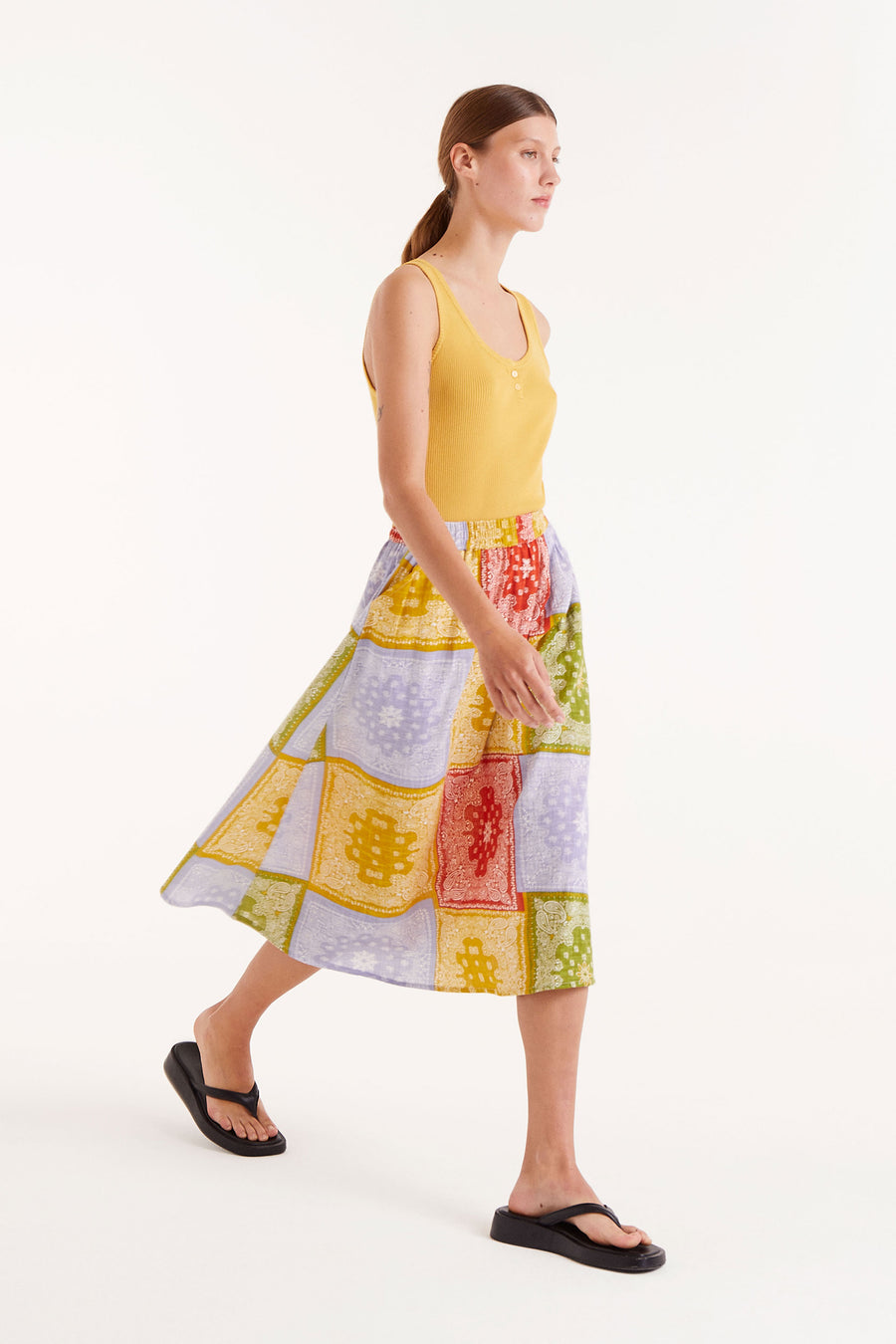 Midi Skirt with Multi Coloured Patch Work Pattern