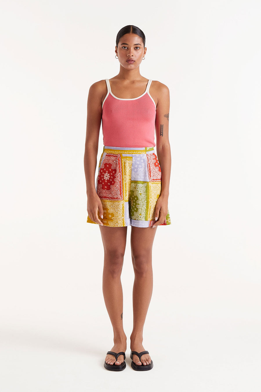 Shorts with Multi Coloured Patch Work Pattern