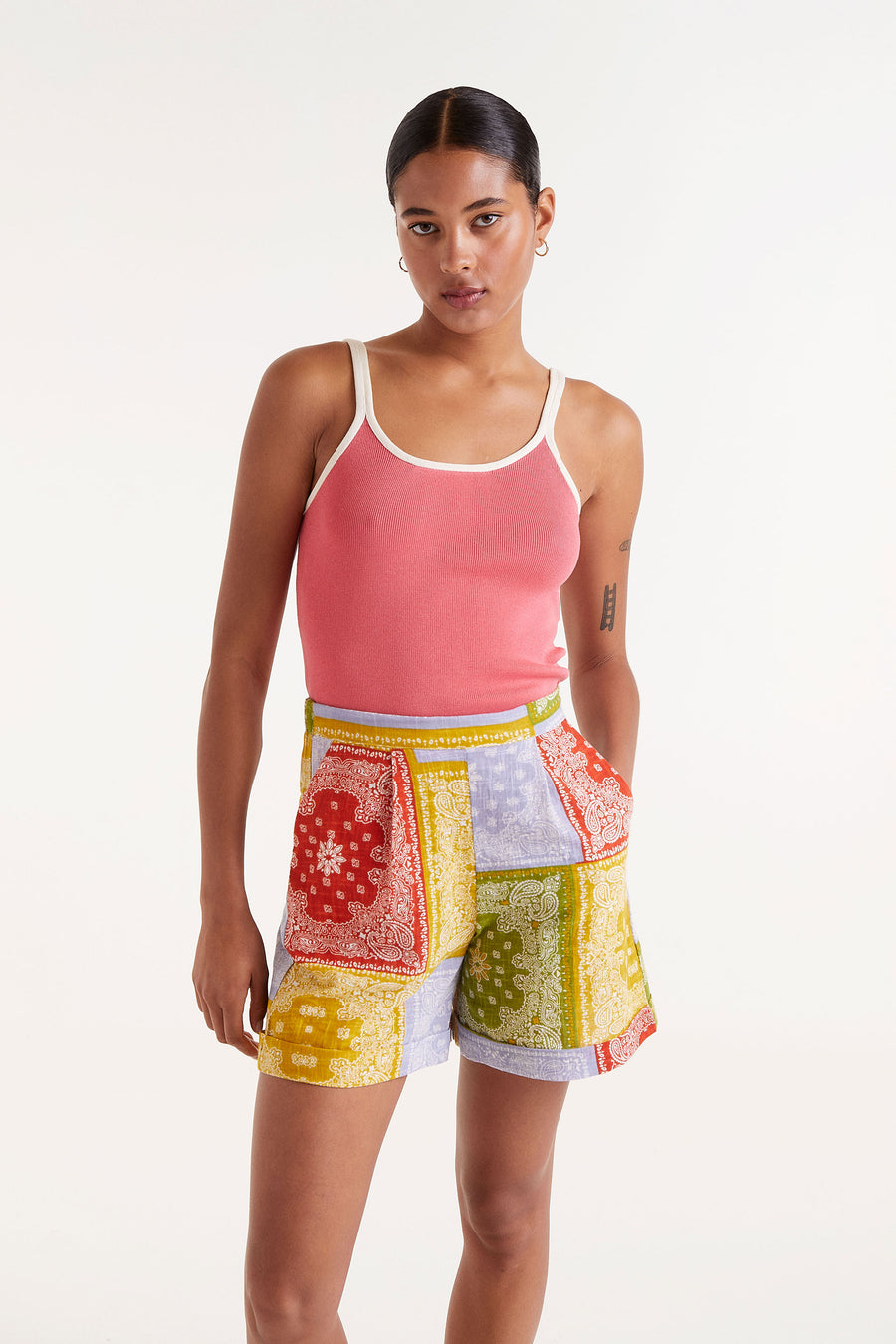 Shorts with Multi Coloured Patch Work Pattern