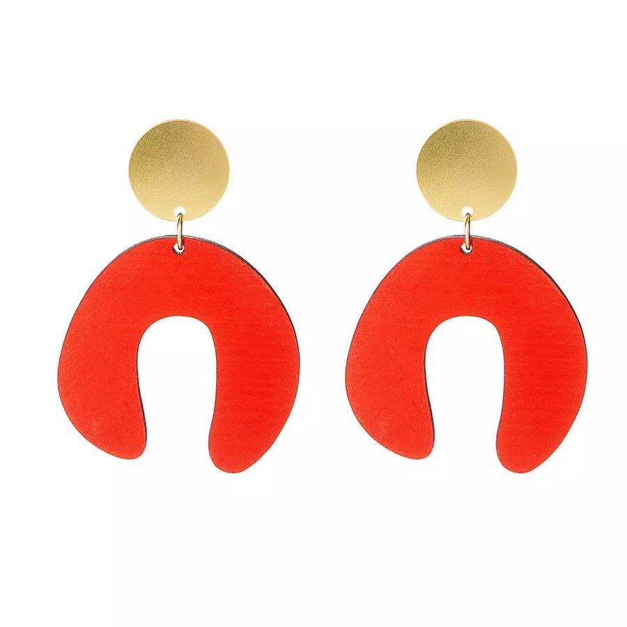 D Doodle Earrings in Wood and Brass Red