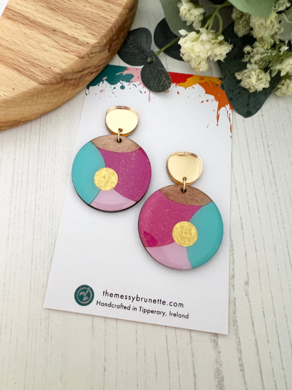Bubble Dot Circle Earrings in Fuchsia Pink, Light Blue and Orchid Pink