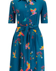 Dessie Shirt Dress in Teal with Rainbow Parrots