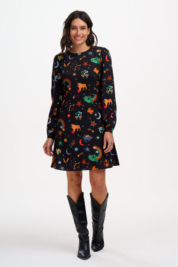 Oksana Mini Dress in Black, Zodiac Rainbow Skies