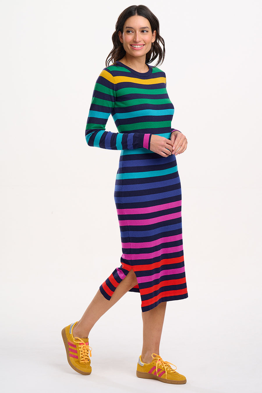 Liselle Midi Knit Dress in Multi Staggered Rainbow