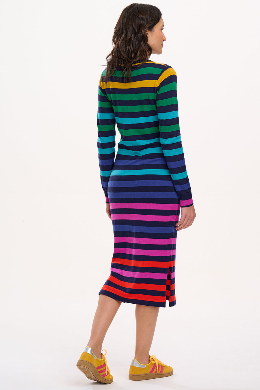 Liselle Midi Knit Dress in Multi Staggered Rainbow