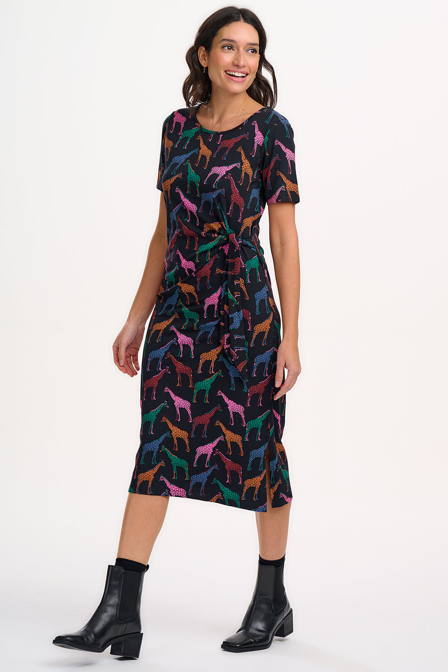 Emersyn Midi Jersey Dress - Black, Giraffe Spots