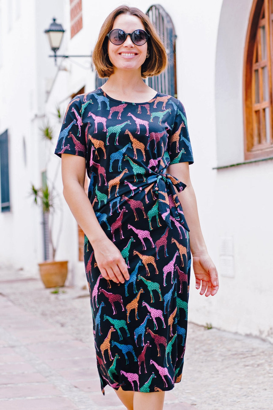 Emersyn Midi Jersey Dress - Black, Giraffe Spots