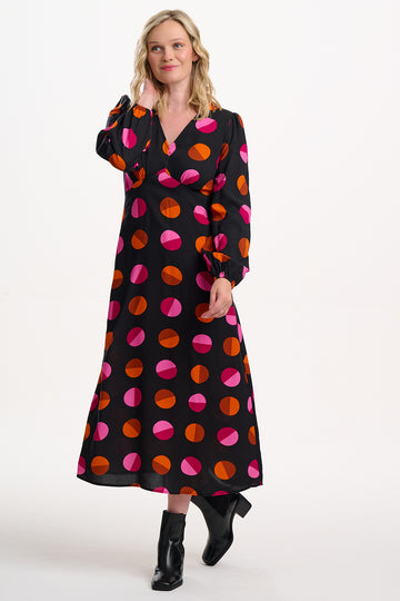 Marcie Midi Dress in Black Split Polka Dot