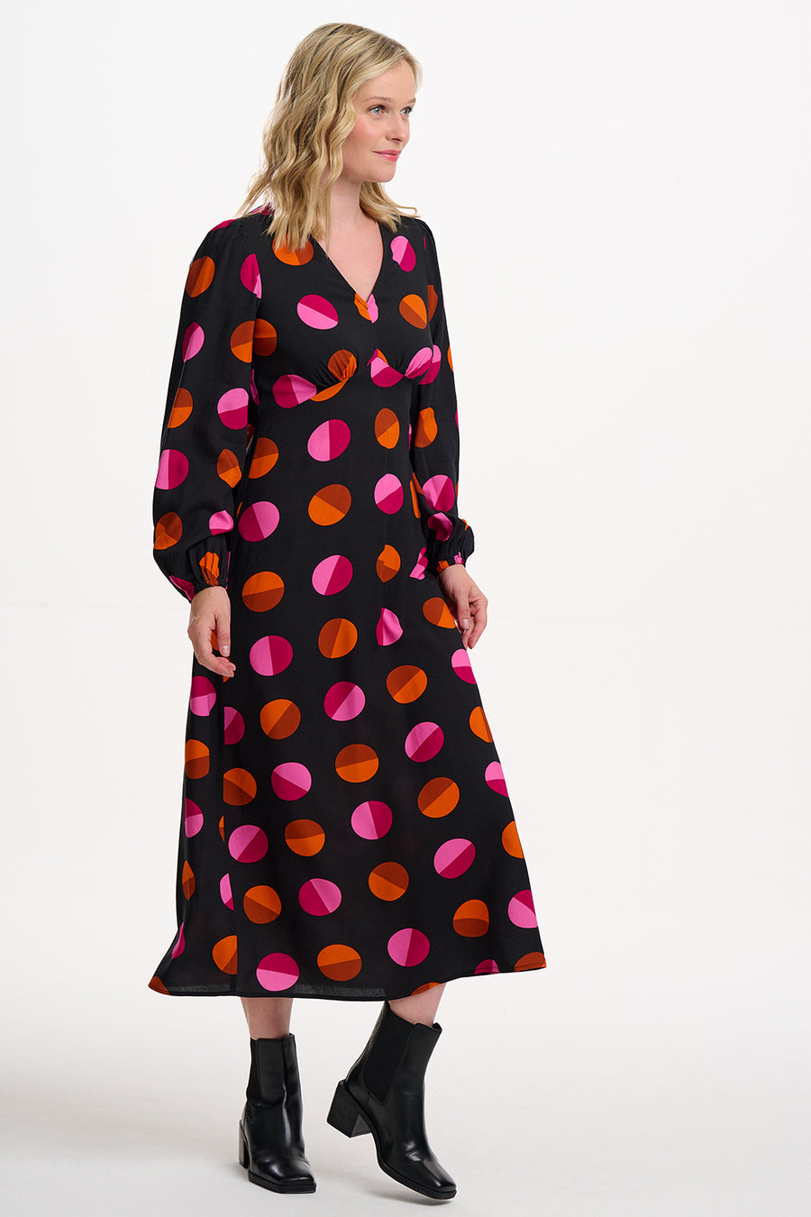 Marcie Midi Dress in Black Split Polka Dot