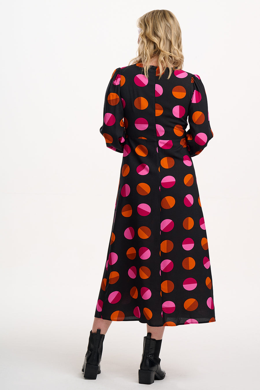 Marcie Midi Dress in Black Split Polka Dot