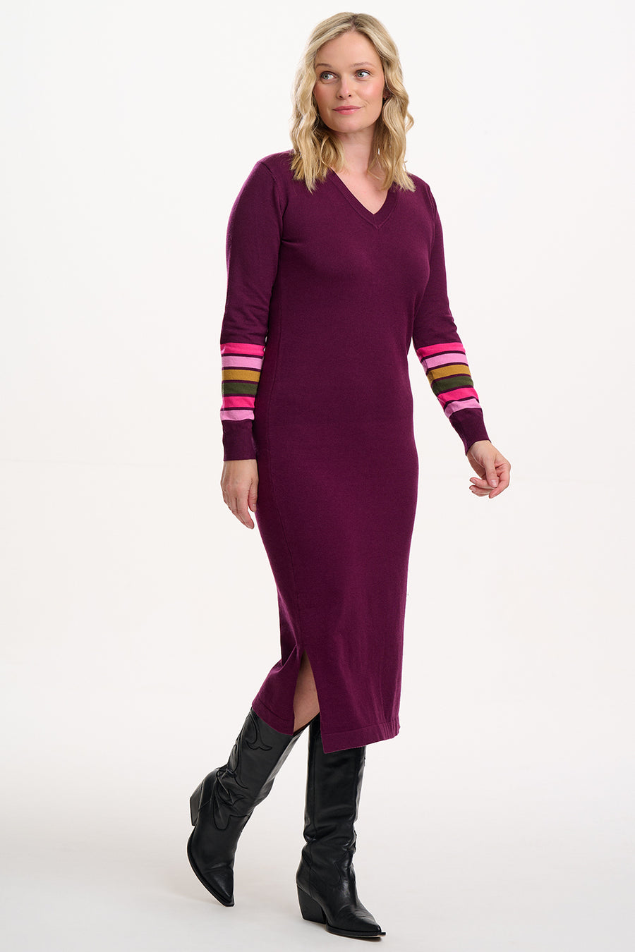 Dania Knit Dress in Burgundy Striped Sleeves