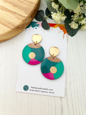 Bubble Dot Circle Earrings in Mermaid Green, Light Green and Pink